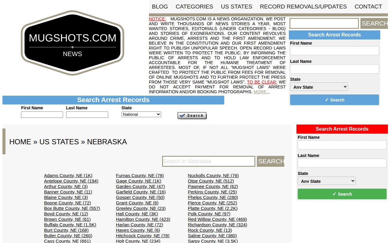 Stanton County secondary arrest-news listing shown on the Mugshots.com Nebraska index