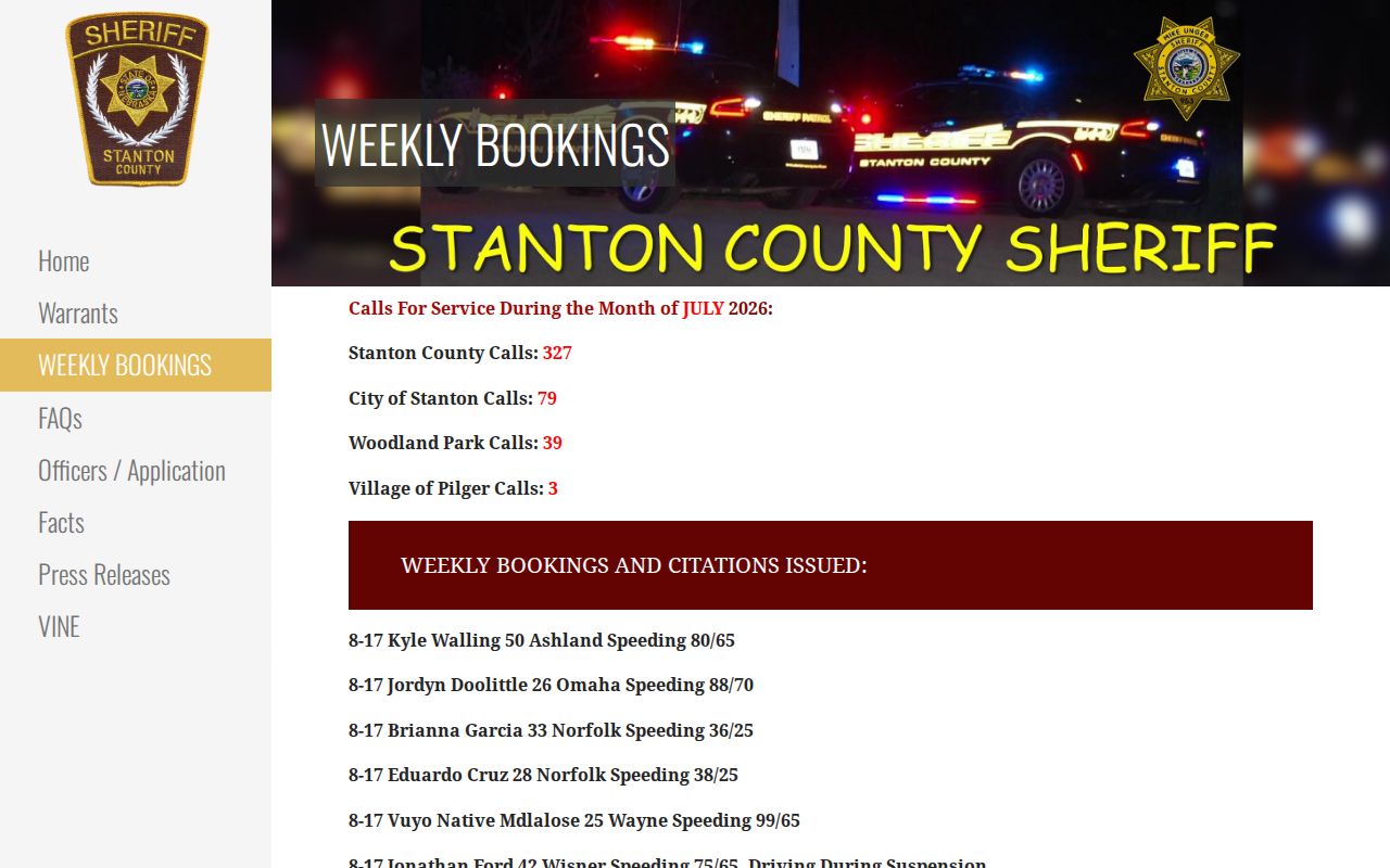 Stanton County official weekly booking and citation record page