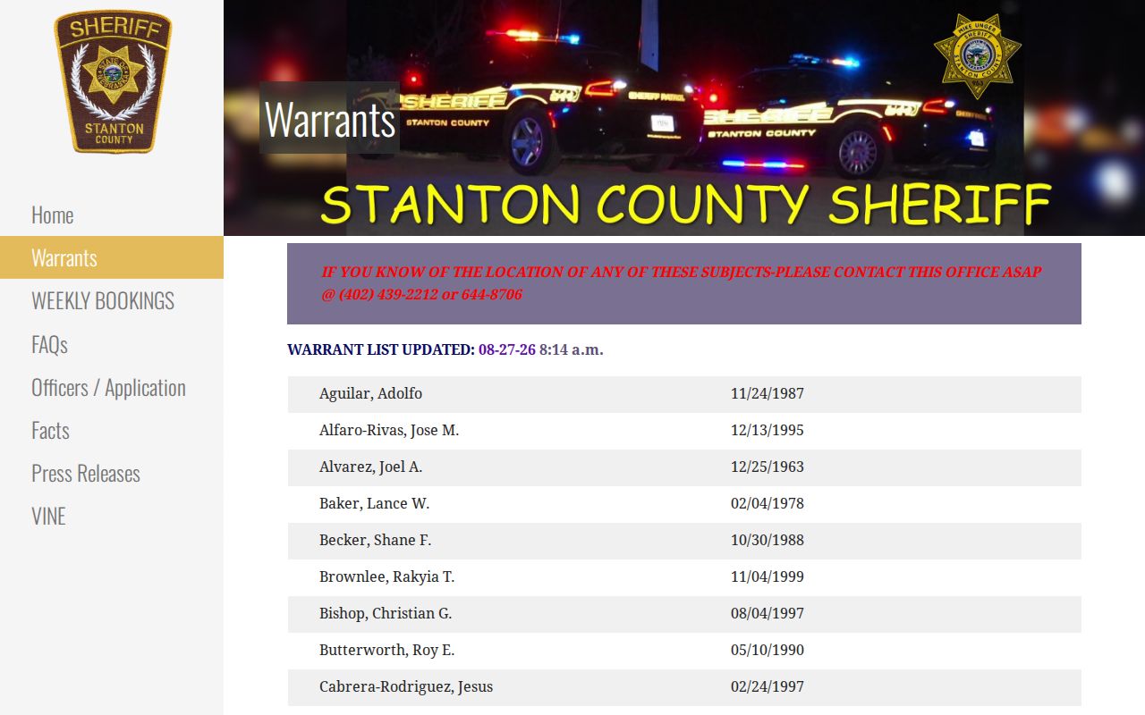 Stanton County warrant record list from the sheriff's official wanted-fugitives source